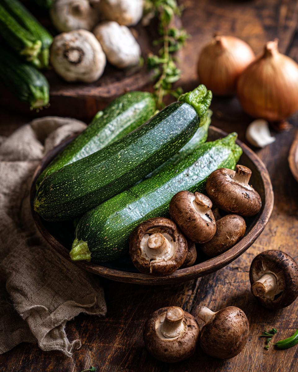 Zucchini with Mushrooms and Onions: 20 Min Flavor 5 Fresh zucchini, mushrooms, and onions arranged on a rustic wooden surface, ready for cooking.