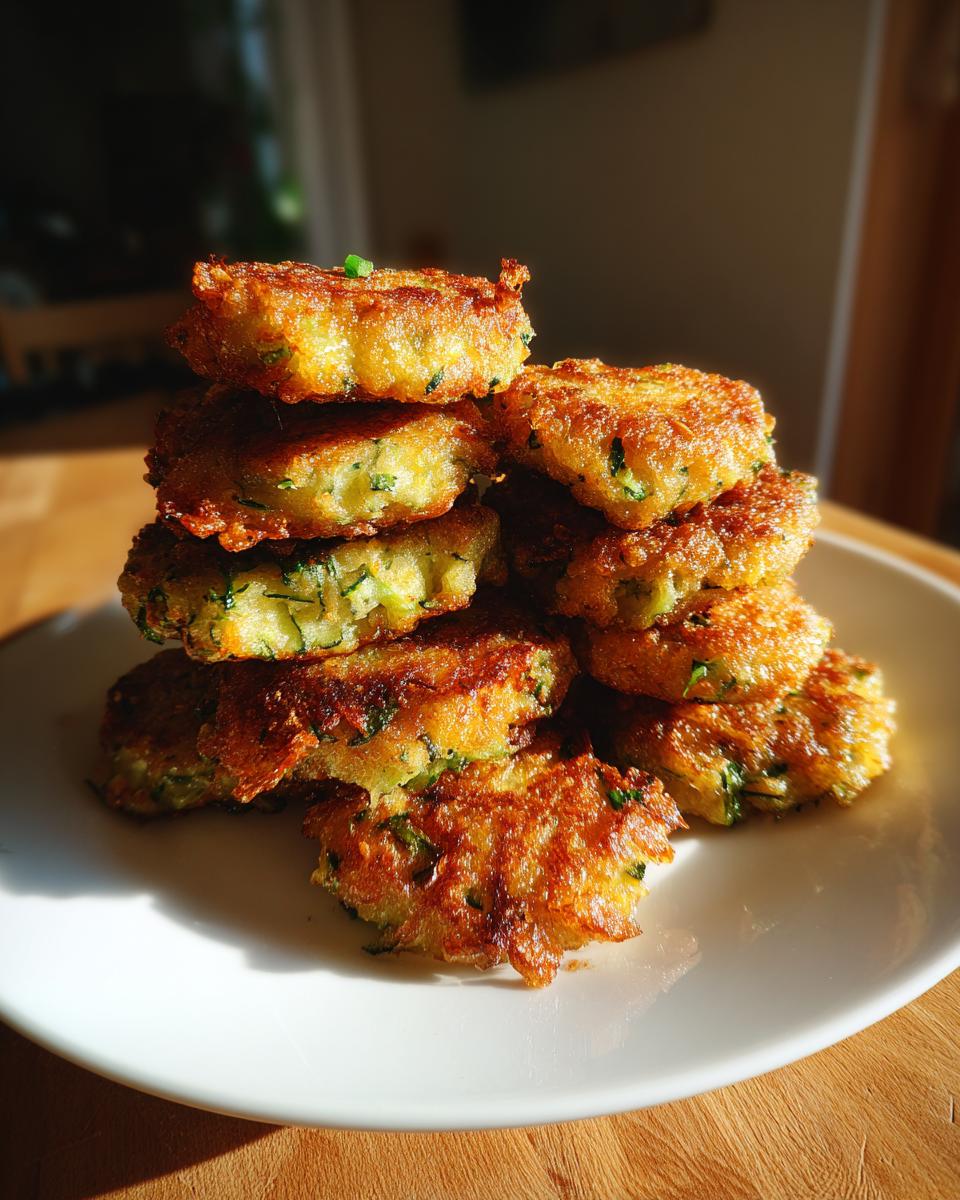Crispy Zucchini Parmesan Fritters: Flavorful Delight 4 A tall stack of golden-brown Zucchini Parmesan Fritters, showcasing their crispy texture and flecks of green zucchini.
