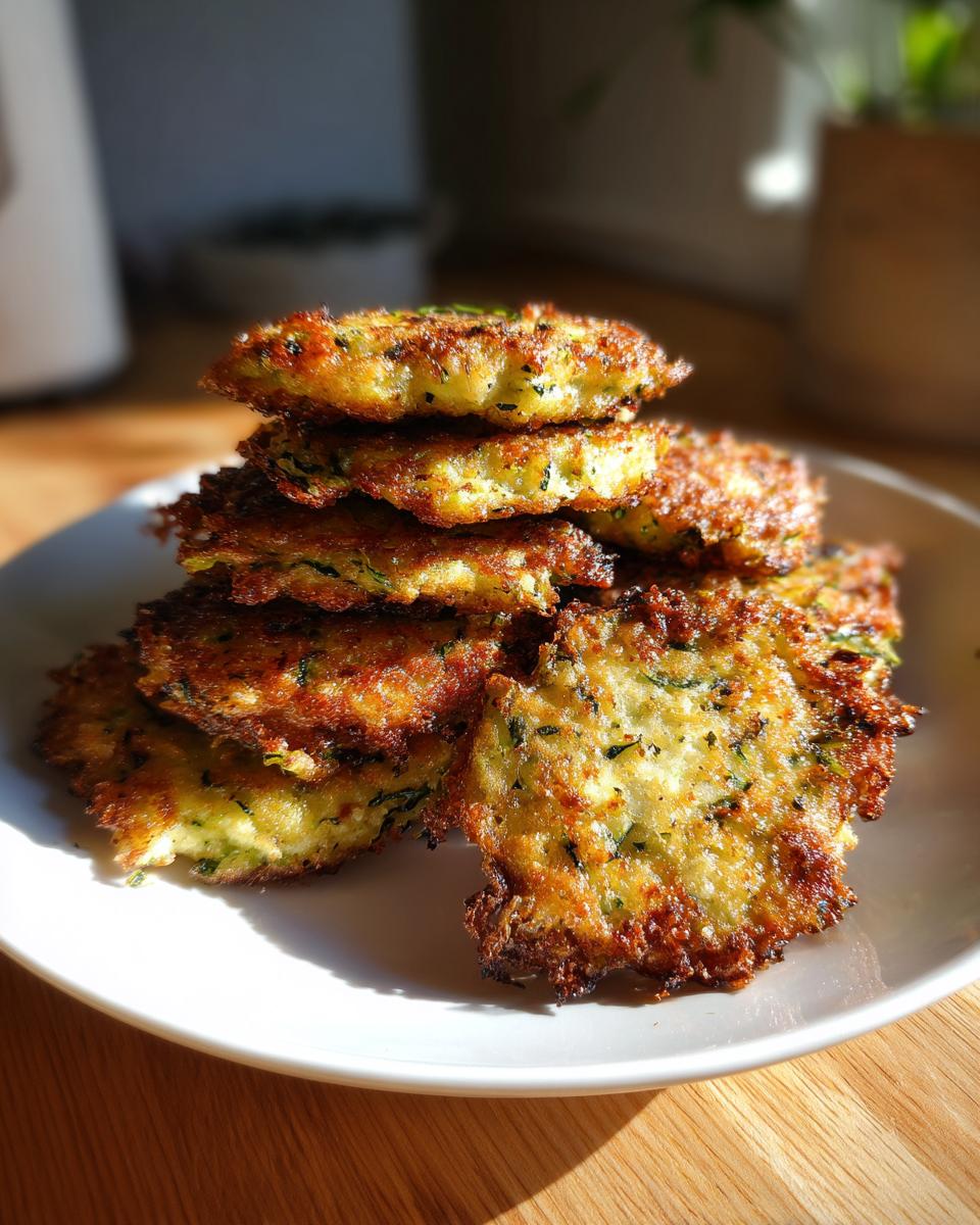 Crispy Zucchini Parmesan Fritters: Flavorful Delight 5 A stack of golden-brown, crispy Zucchini Parmesan Fritters on a white plate.