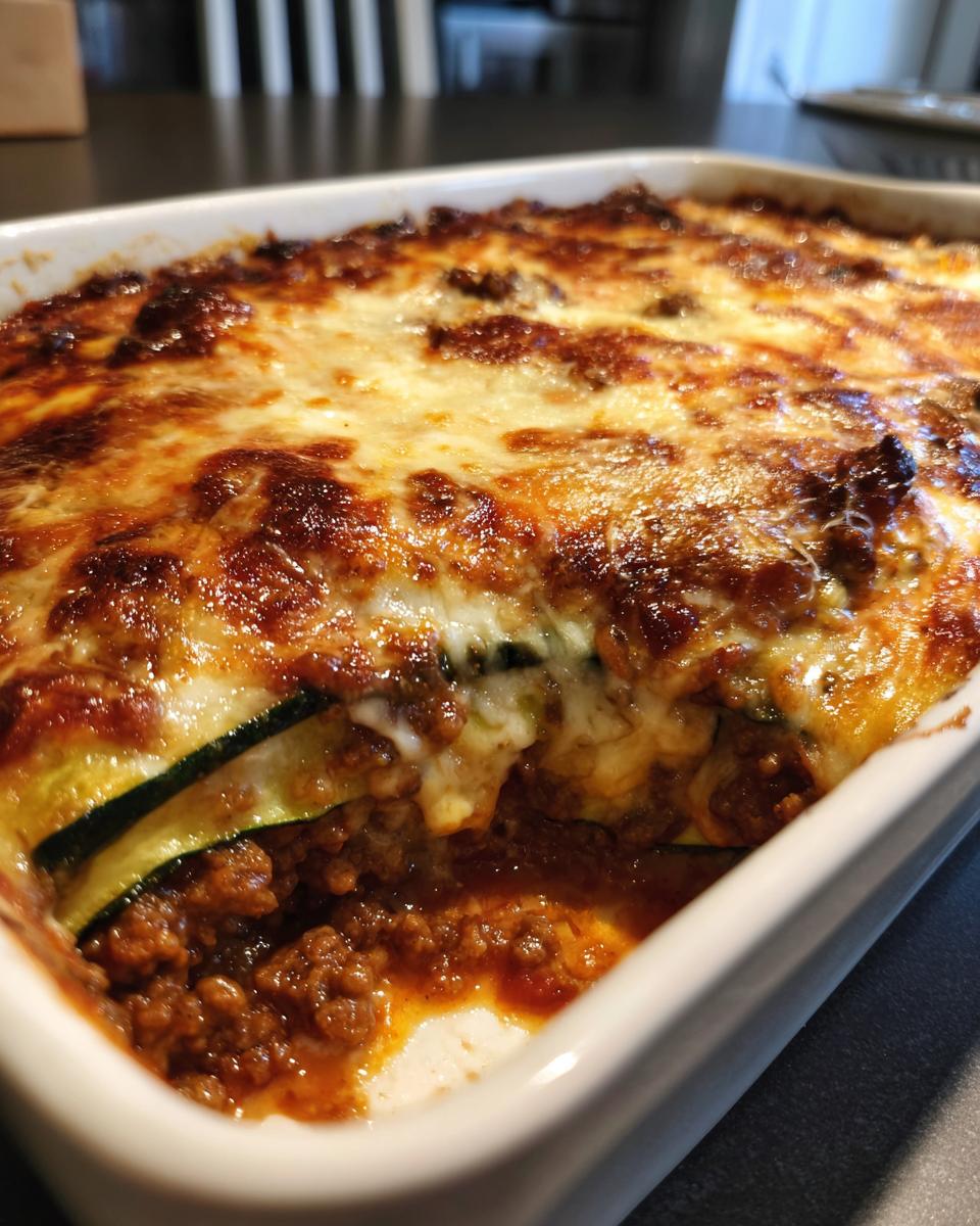Zucchini Pizza Casserole: Guilt Free Pizza Paradise 5 Close-up of a Zucchini Pizza Casserole: Guilt Free Pizza Paradise, showing layers of zucchini, meat sauce, and melted cheese.