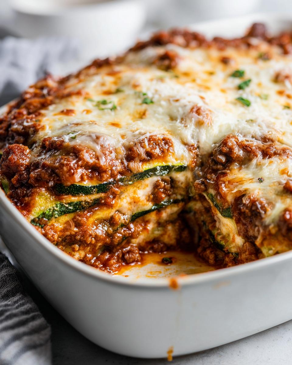 Zucchini Pizza Casserole: Guilt Free Pizza Paradise 4 A slice of Zucchini Pizza Casserole, layered with zucchini, meat sauce, and melted cheese.