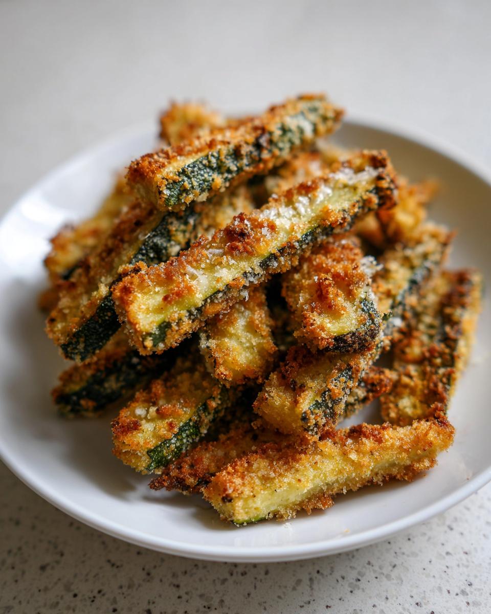 Crispy Zucchini Sticks: Cheesy Delight 5 A pile of crispy zucchini sticks coated in cheese and breadcrumbs, served on a white plate.