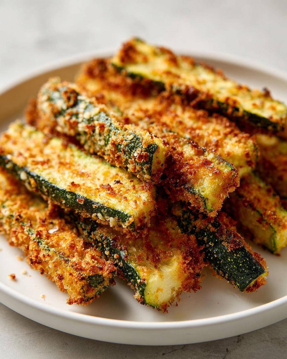 Crispy Zucchini Sticks: Cheesy Delight 4 Close-up of crispy zucchini sticks with cheese coating, piled on a white plate.