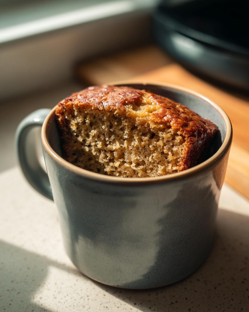 1-Minute Banana Bread: Speedy Sweetness 5 A close-up of a slice of 1-Minute Banana Bread baked in a mug, with a golden-brown crust.