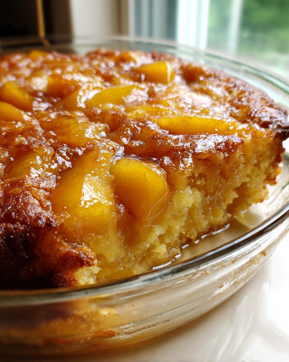 4-Ingredient Slow Cooker Peach Cobbler: Pure Bliss 5 Close-up of a slice of 4-Ingredient Slow Cooker Peach Cobbler in a glass dish, showing juicy peaches and golden cake.