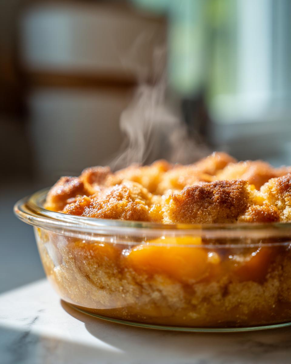 4-Ingredient Slow Cooker Peach Cobbler: Pure Bliss 4 Close-up of a steaming 4-Ingredient Slow Cooker Peach Cobbler in a glass dish, showing juicy peaches and a golden-brown topping.