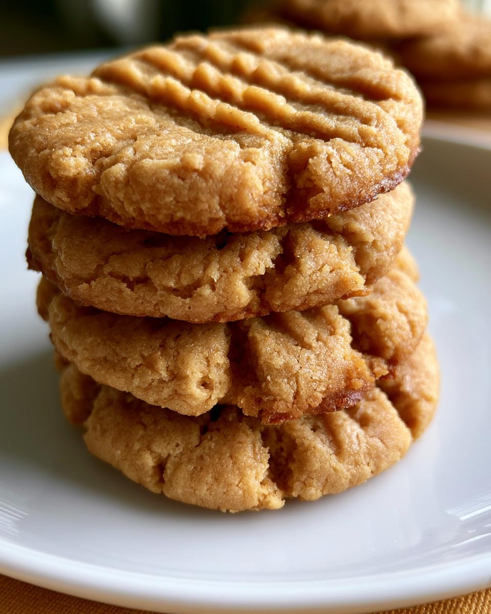 6-Ingredient Peanut Butter Cookies You Must Try 4 A close-up stack of four golden-brown Peanut Butter Cookies with classic fork marks on top.