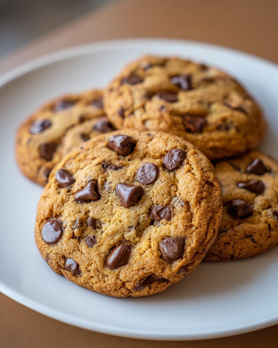 Anna's Chocolate Chip Cookies: Pure Bliss 5 A close-up shot of a stack of Anna's Chocolate Chip Cookies on a white plate, showcasing generous chocolate chunks.