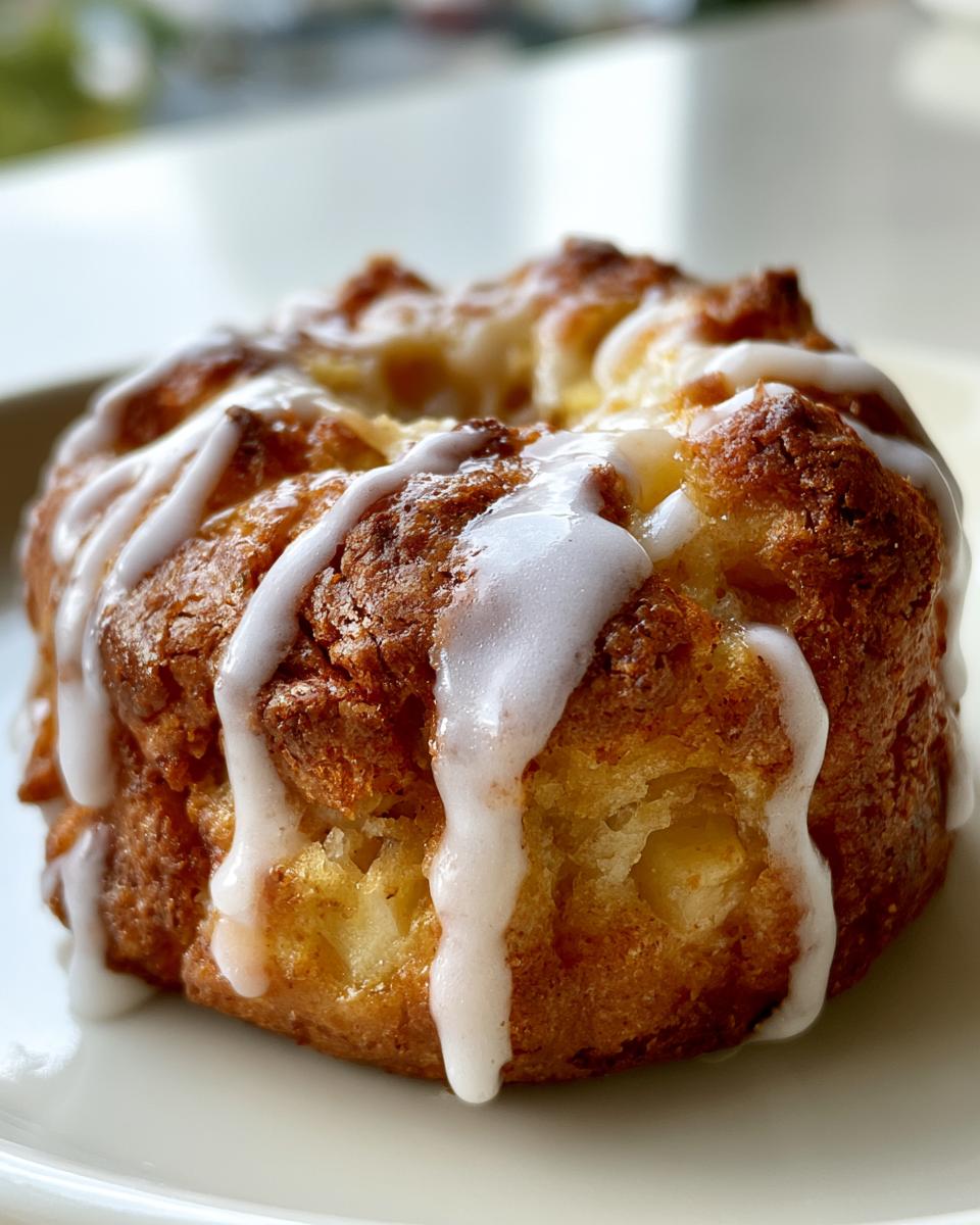 Easy Baked Apple Fritters Recipe for Cozy Mornings 4 Close-up of a golden-brown baked apple fritter drizzled with white glaze on a white plate.