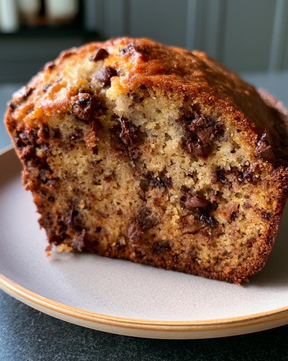 Moist Banana Bread Chocolate Chip Recipe 4 A close-up of a slice of moist Banana Bread Chocolate Chip, showing rich chocolate chips throughout the crumb.