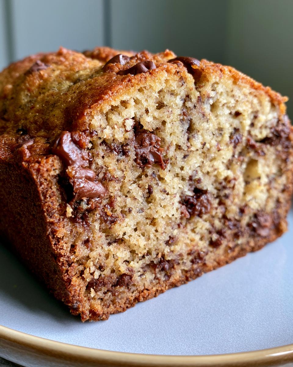 Moist Banana Bread Chocolate Chip Recipe 5 Close-up of a moist slice of Banana Bread Chocolate Chip, showing chunks of melted chocolate.