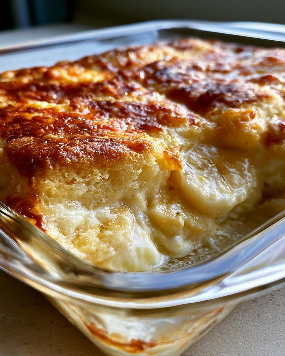 Soft Banana Cream Cheese Cobbler 5 Close-up of a bubbly, golden-brown baked Banana Cream Cheese Cobbler in a glass dish.