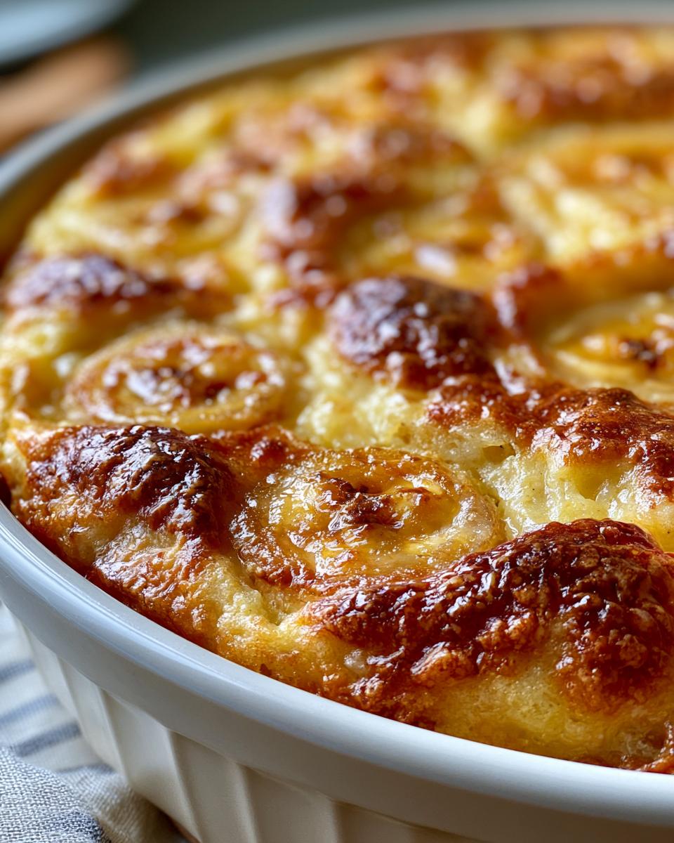 Easy Banana Pudding Cobbler Recipe Grandma Approved 4 Close-up of a freshly baked Banana Pudding Cobbler in a white baking dish, showing golden-brown topping and visible banana slices.