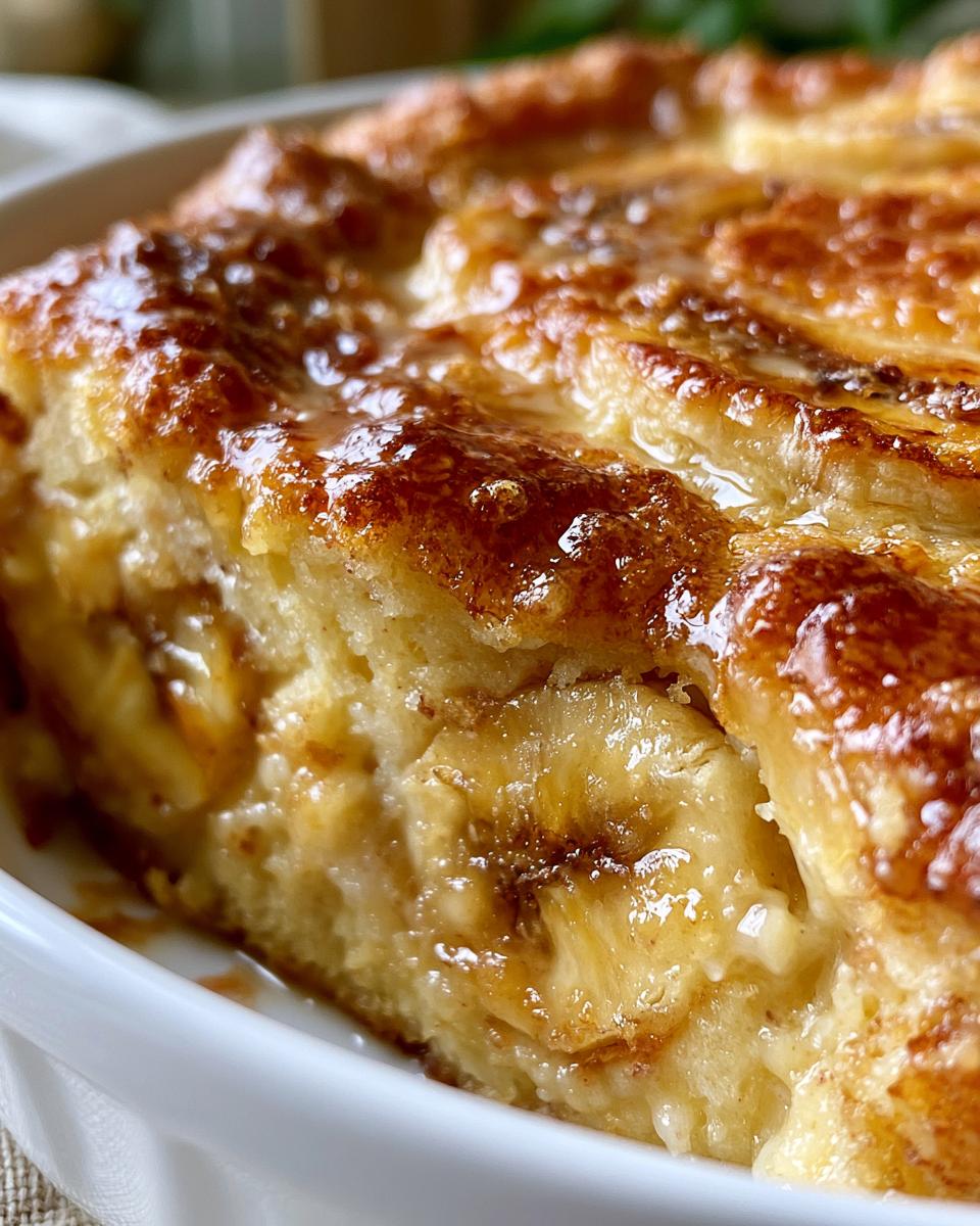 Easy Banana Pudding Cobbler Recipe Grandma Approved 5 Close-up of a golden-brown slice of Banana Pudding Cobbler in a white dish, showing layers of soft bananas and creamy pudding.