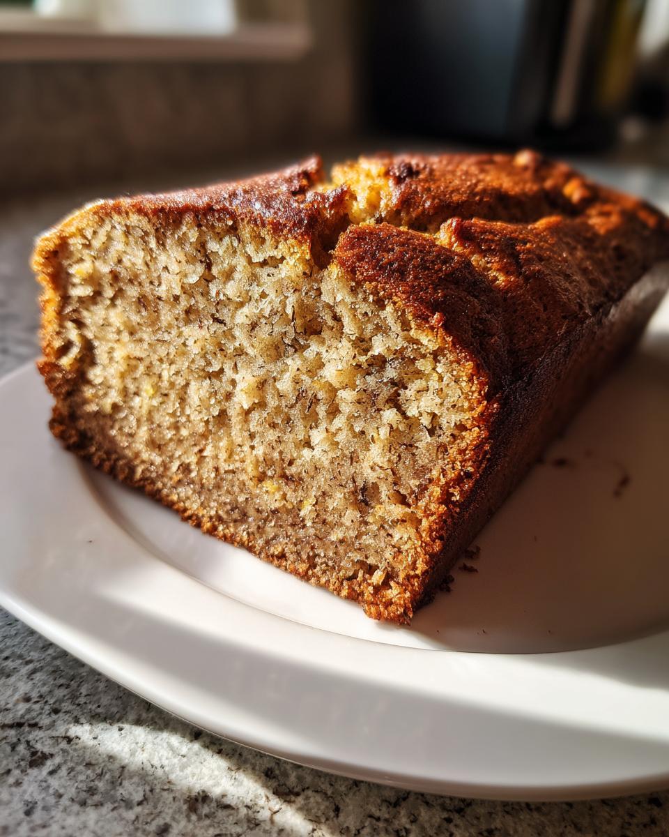 Perfect Banana Zucchini Bread Recipe 4 A slice of moist Banana Zucchini Bread on a white plate, with visible banana and zucchini texture.