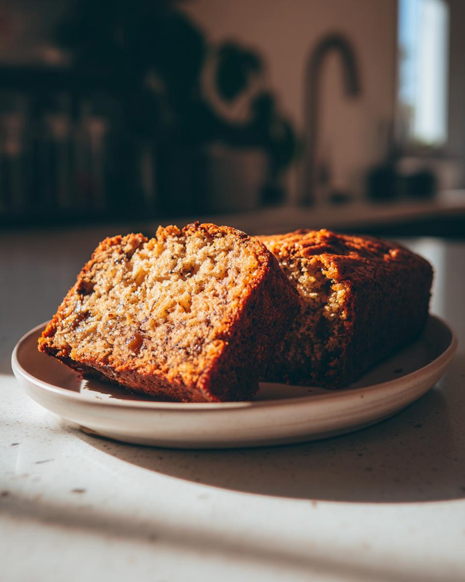 Perfect Banana Zucchini Bread Recipe 5 Two slices of moist Banana Zucchini Bread on a plate, with sunlight casting shadows.