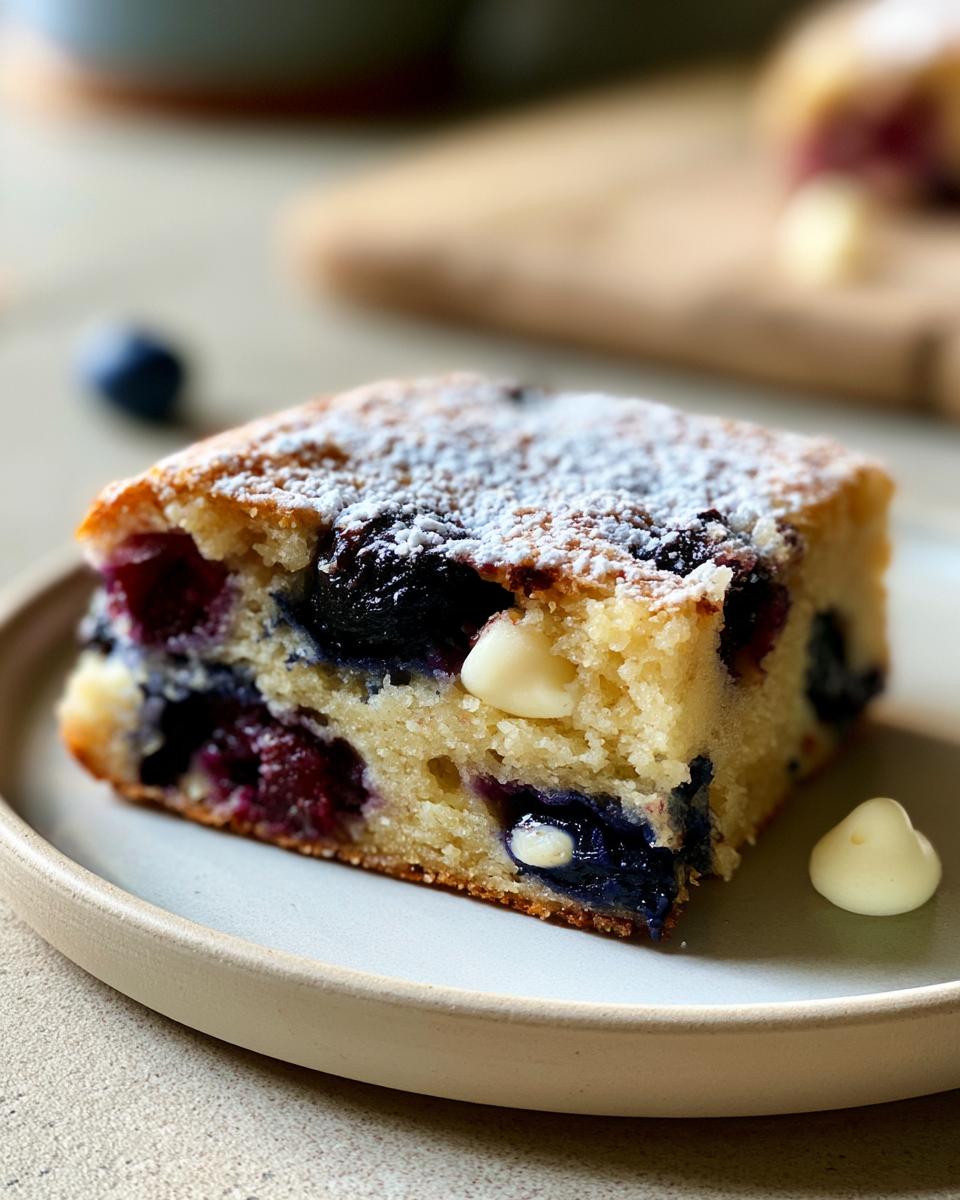Blueberry Blondies: Irresistible Chewy Delight 4 A close-up of a slice of chewy Blueberry Blondies, dusted with powdered sugar, featuring plump blueberries and white chocolate chunks.