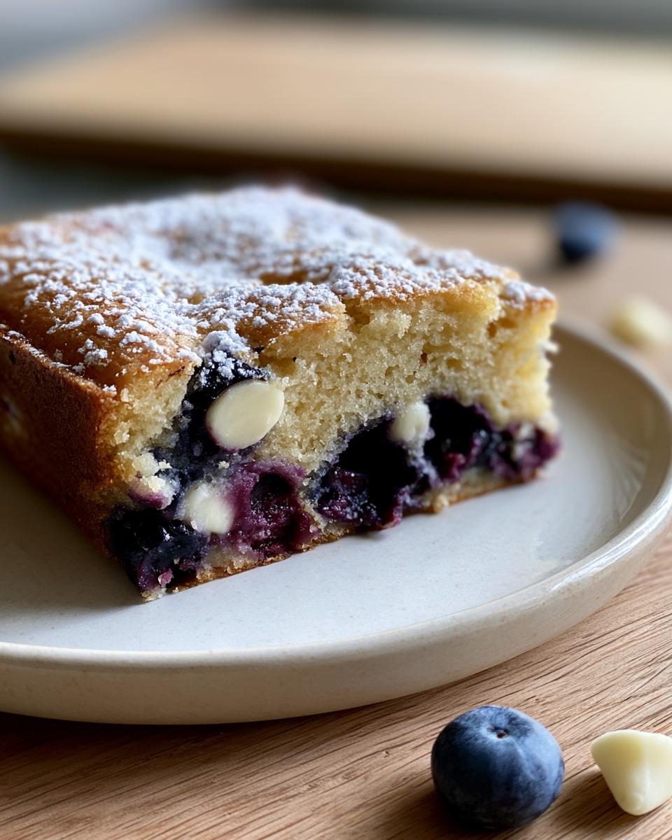 Blueberry Blondies: Irresistible Chewy Delight 5 A slice of chewy Blueberry Blondies, topped with powdered sugar, revealing juicy blueberries and white chocolate chunks.