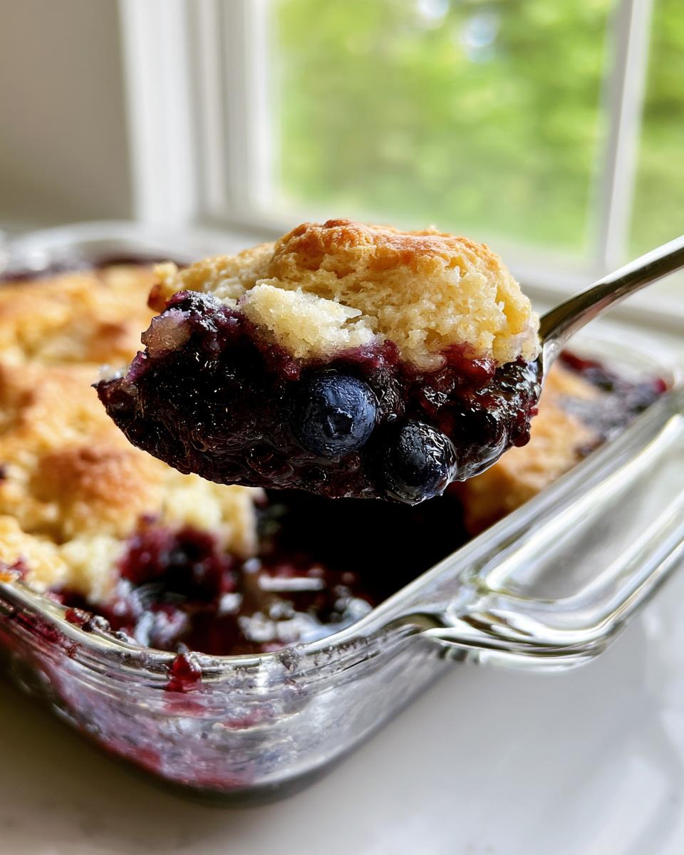 Simple Blueberry Cobbler Recipe That Melts in Your Mouth 4 A spoonful of warm Blueberry Cobbler with bubbling blueberries and a golden biscuit topping.