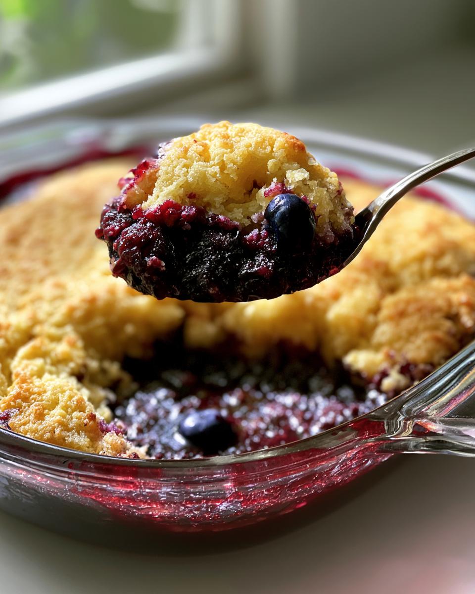 Simple Blueberry Cobbler Recipe That Melts in Your Mouth 5 A spoonful of warm Blueberry Cobbler, showing juicy blueberries and a golden biscuit topping.
