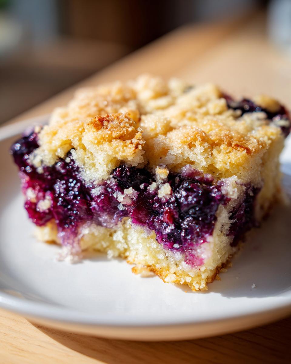 Easy Blueberry Dump Cake: 5 Minute Magic 4 A close-up of a delicious slice of Blueberry Dump Cake on a white plate, showing the crumb topping and juicy blueberries.
