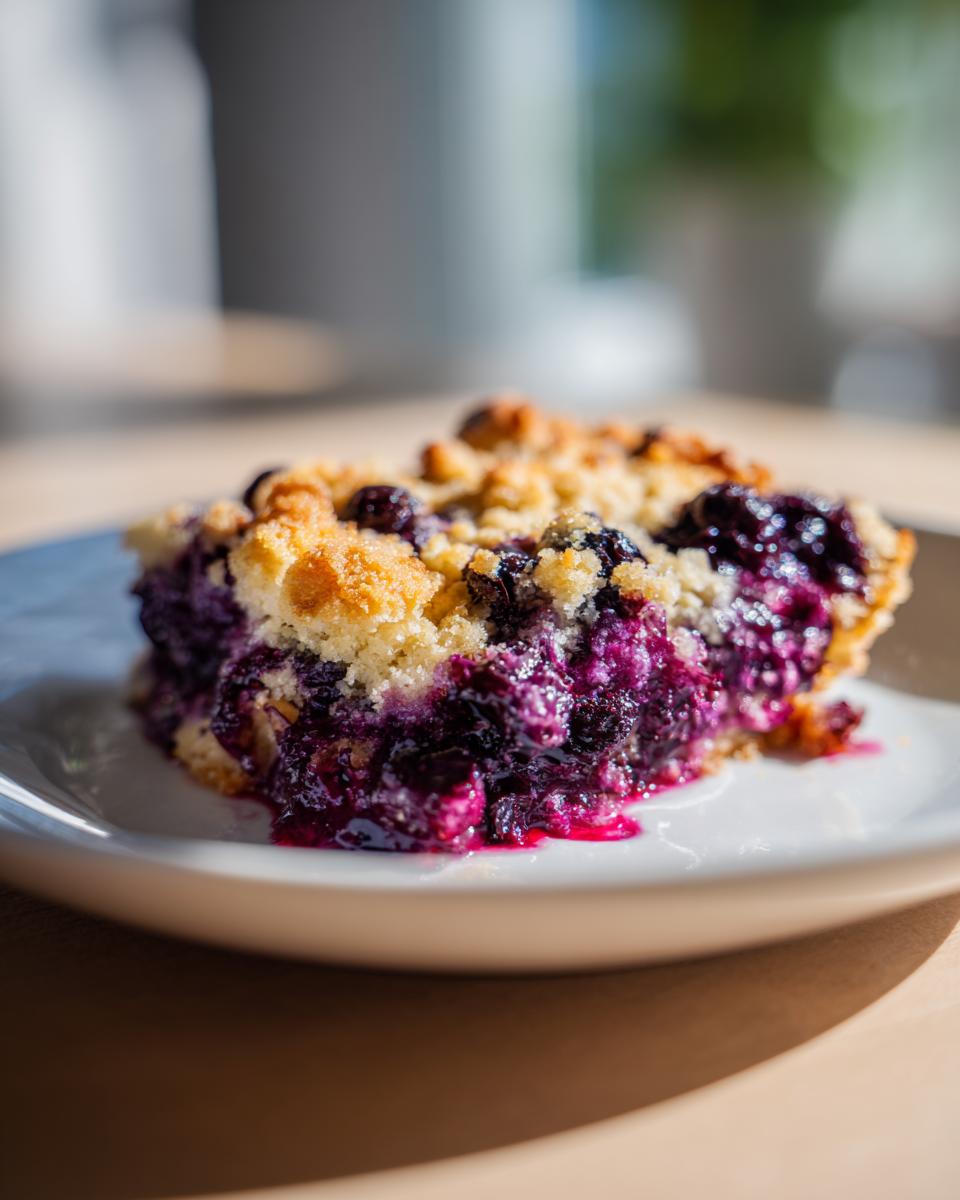 Easy Blueberry Dump Cake: 5 Minute Magic 5 A close-up shot of a slice of Blueberry Dump Cake on a white plate, showcasing the juicy blueberries and crumble topping.