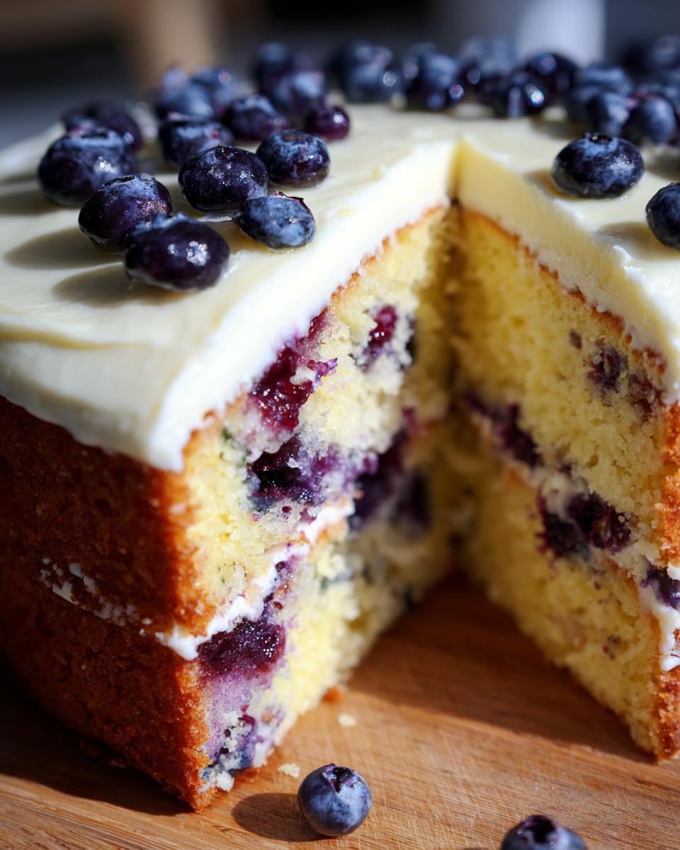 Bright Blueberry Lemon Cake With Frosting 4 A slice of moist Blueberry Lemon Cake with creamy buttercream frosting and fresh blueberries on top.