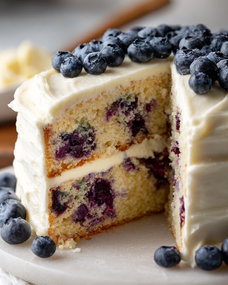 Bright Blueberry Lemon Cake With Frosting 5 A slice of Blueberry Lemon Cake with Buttercream Frosting, showcasing layers of cake, frosting, and fresh blueberries.