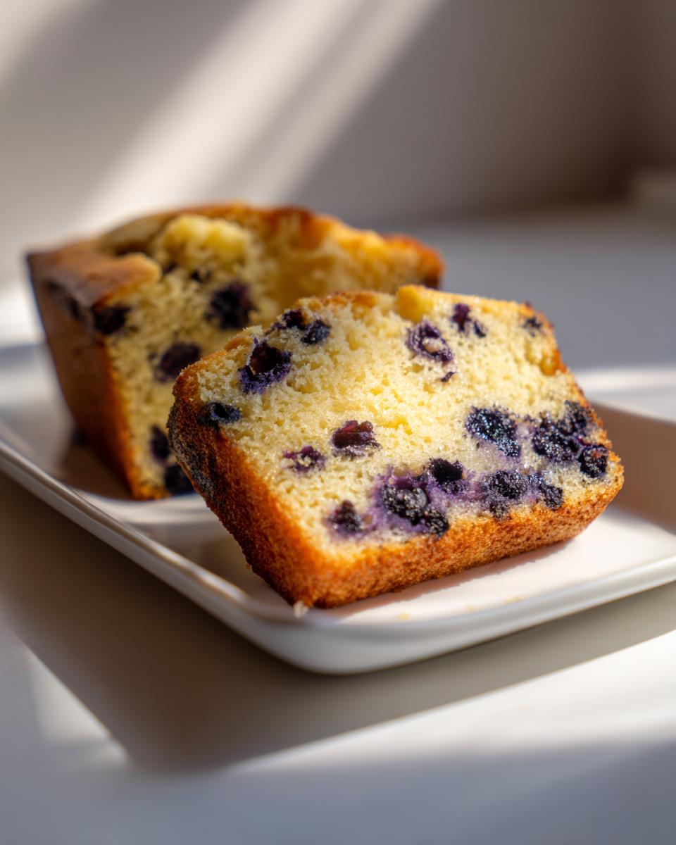 Divine Blueberry Lemon Pound Cake: Moist & Zesty 4 A close-up of a slice of moist Blueberry Lemon Pound Cake, showcasing plump blueberries baked into the tender crumb.