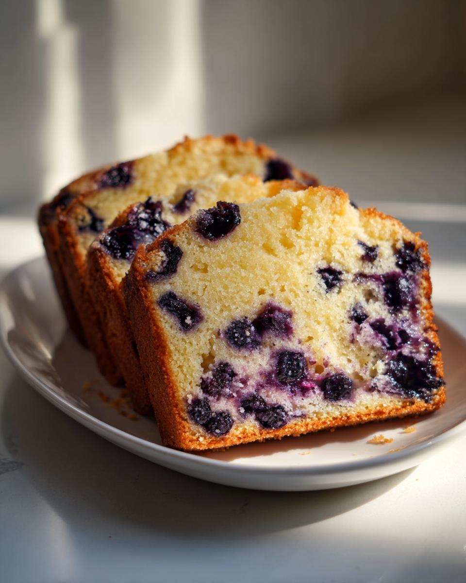 Divine Blueberry Lemon Pound Cake: Moist & Zesty 5 Close-up of three moist slices of Blueberry Lemon Pound Cake on a white plate, showcasing plump blueberries.