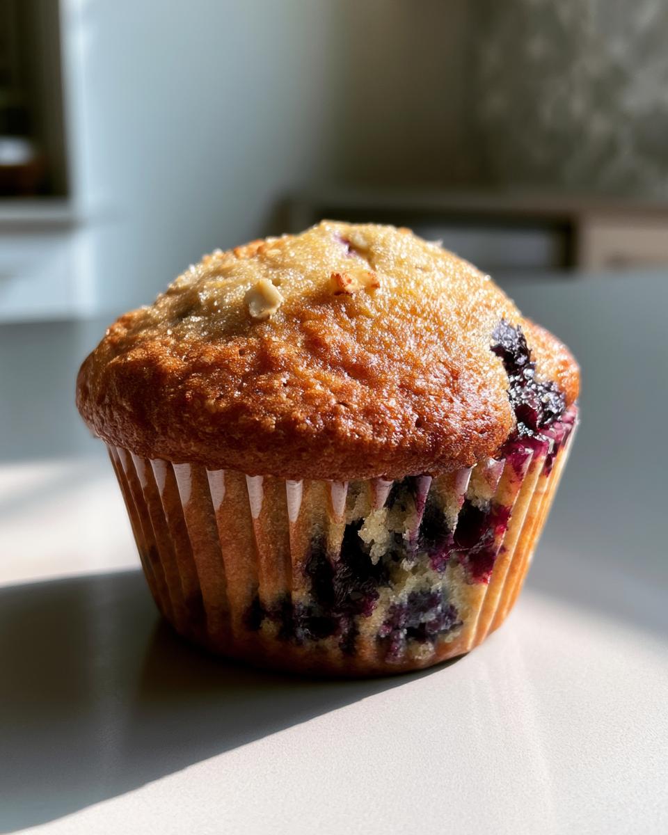 30-Min Blueberry Oat Breakfast Muffins Recipe 4 Close-up of a delicious Blueberry Oat Breakfast Muffin with visible blueberries and a golden-brown top.