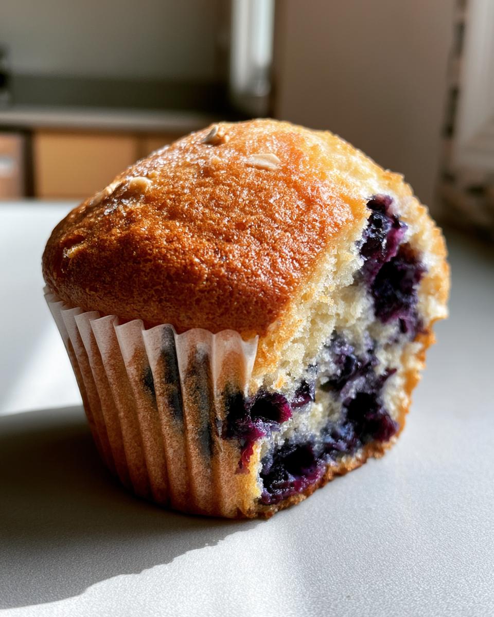 30-Min Blueberry Oat Breakfast Muffins Recipe 5 A close-up of a delicious Blueberry Oat Breakfast Muffin with a bite taken out, revealing juicy blueberries inside.