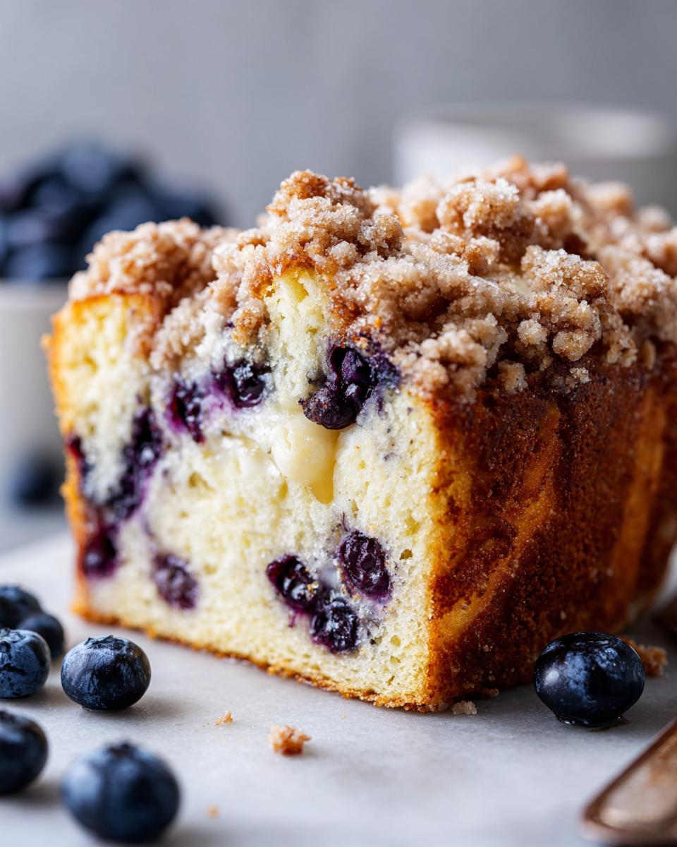 Irresistible Blueberry Sour Cream Coffee Cake 4 A slice of Blueberry Sour Cream Coffee Cake with a crumb topping and fresh blueberries.