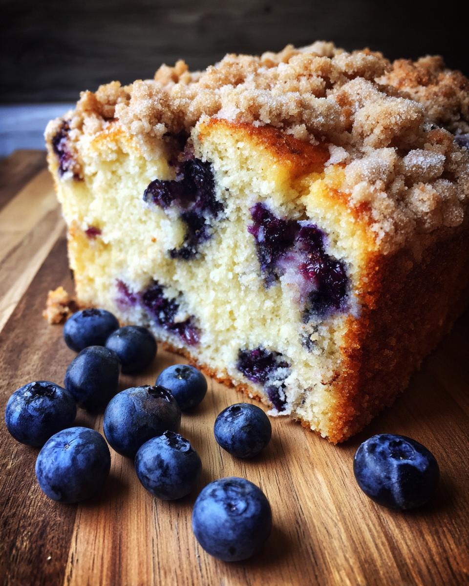 Irresistible Blueberry Sour Cream Coffee Cake 5 A slice of Blueberry Sour Cream Coffee Cake with a crumb topping and fresh blueberries scattered around.