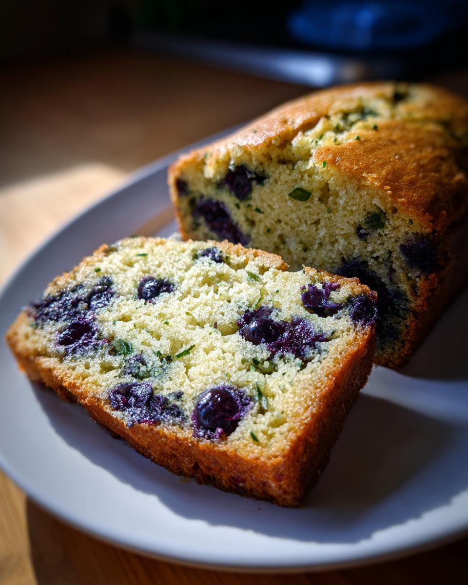 Moist Blueberry Zucchini Bread Recipe 4 A close-up of a slice of moist Blueberry Zucchini Bread, showcasing plump blueberries and green flecks of zucchini.