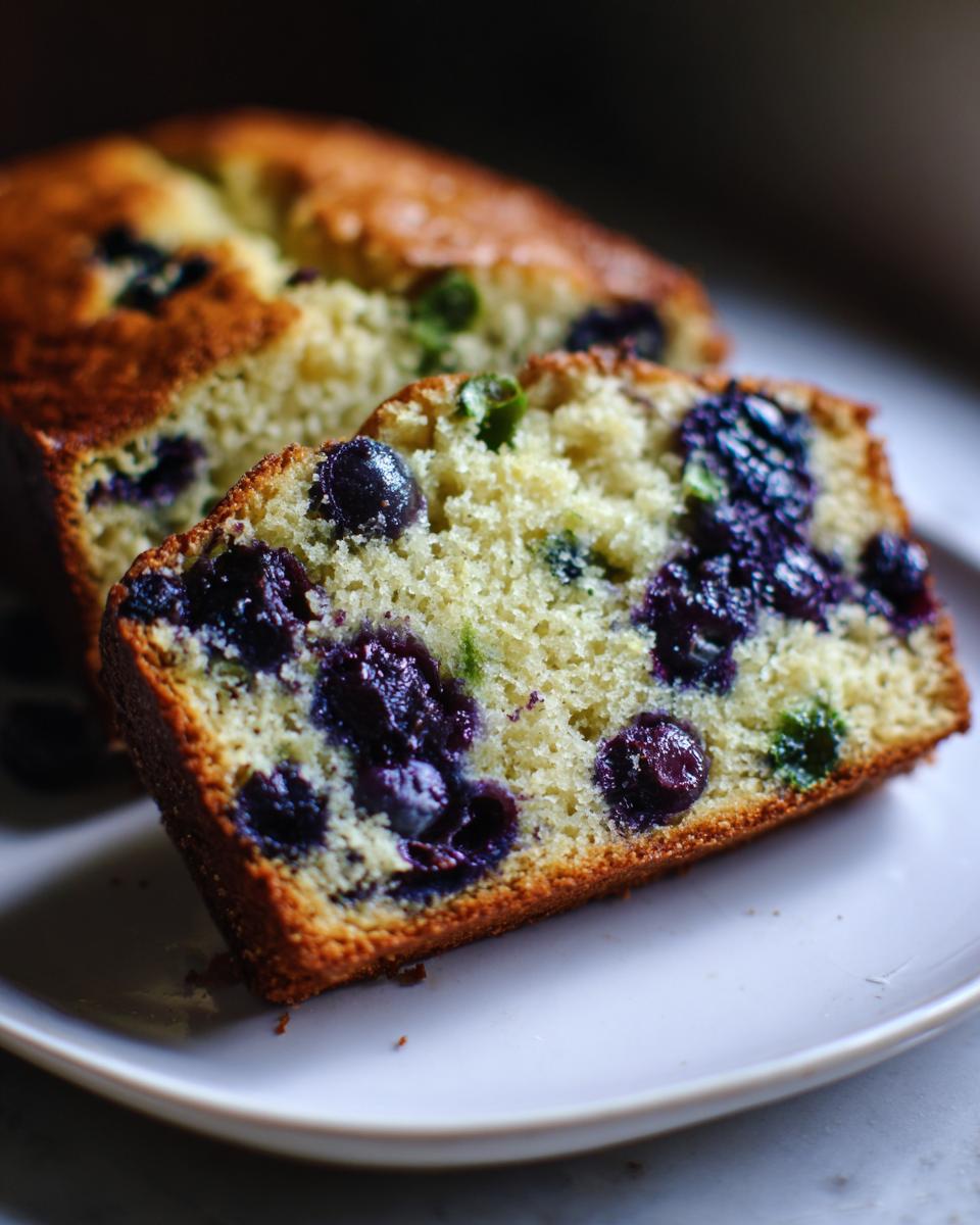 Moist Blueberry Zucchini Bread Recipe 5 Close-up of a slice of moist Blueberry Zucchini Bread, showing plump blueberries and green zucchini shreds.