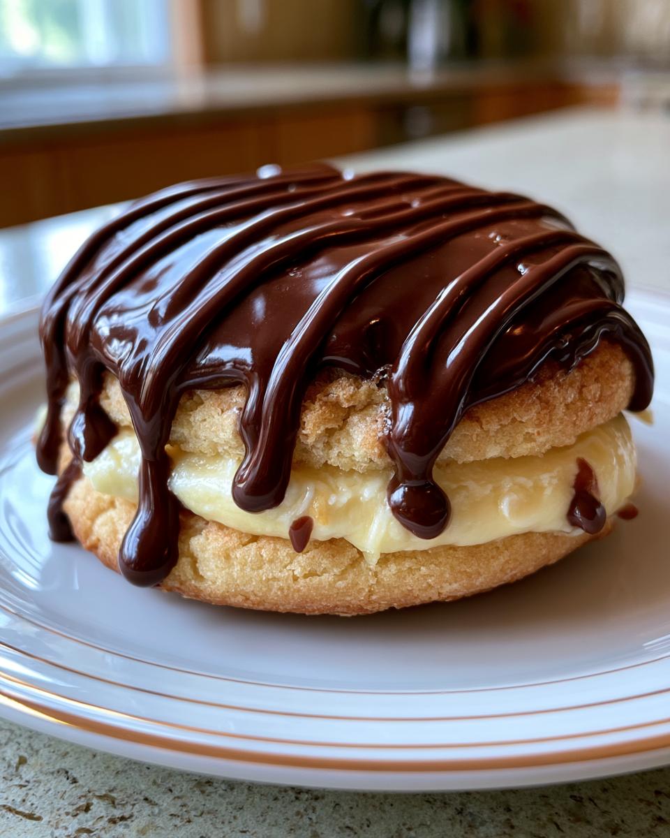 Boston Cream Pie Cookies Worth Every Calorie 4 A close-up of a decadent Boston Cream Pie Cookie filled with creamy custard and topped with rich chocolate ganache.