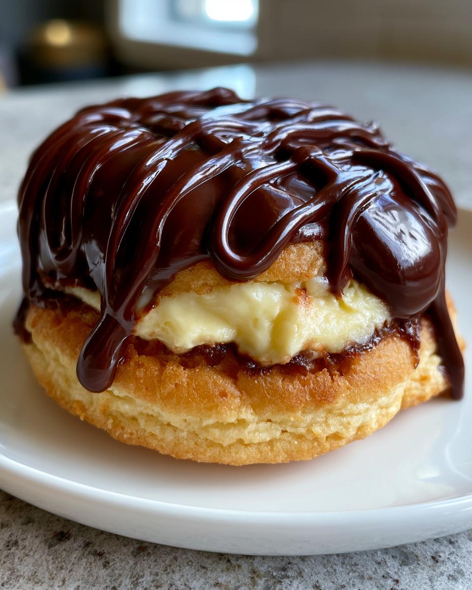Boston Cream Pie Cookies Worth Every Calorie 5 A close-up of a Boston Cream Pie Cookie, filled with cream and topped with glossy chocolate ganache.