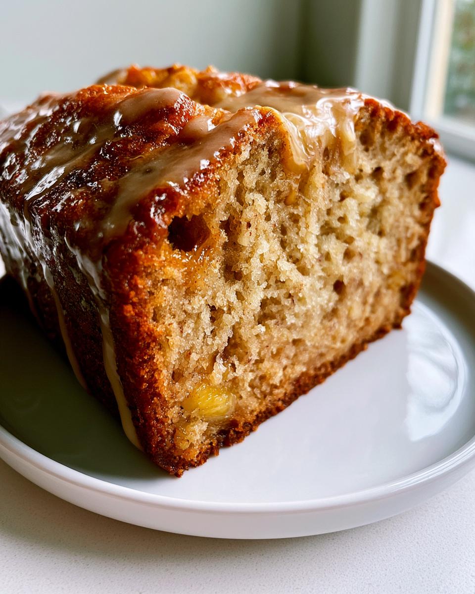 Brown Butter Maple Cinnamon Banana Bread: The Coziest Loaf 5 A slice of moist Brown Butter Maple Cinnamon Banana Bread drizzled with glaze on a white plate.