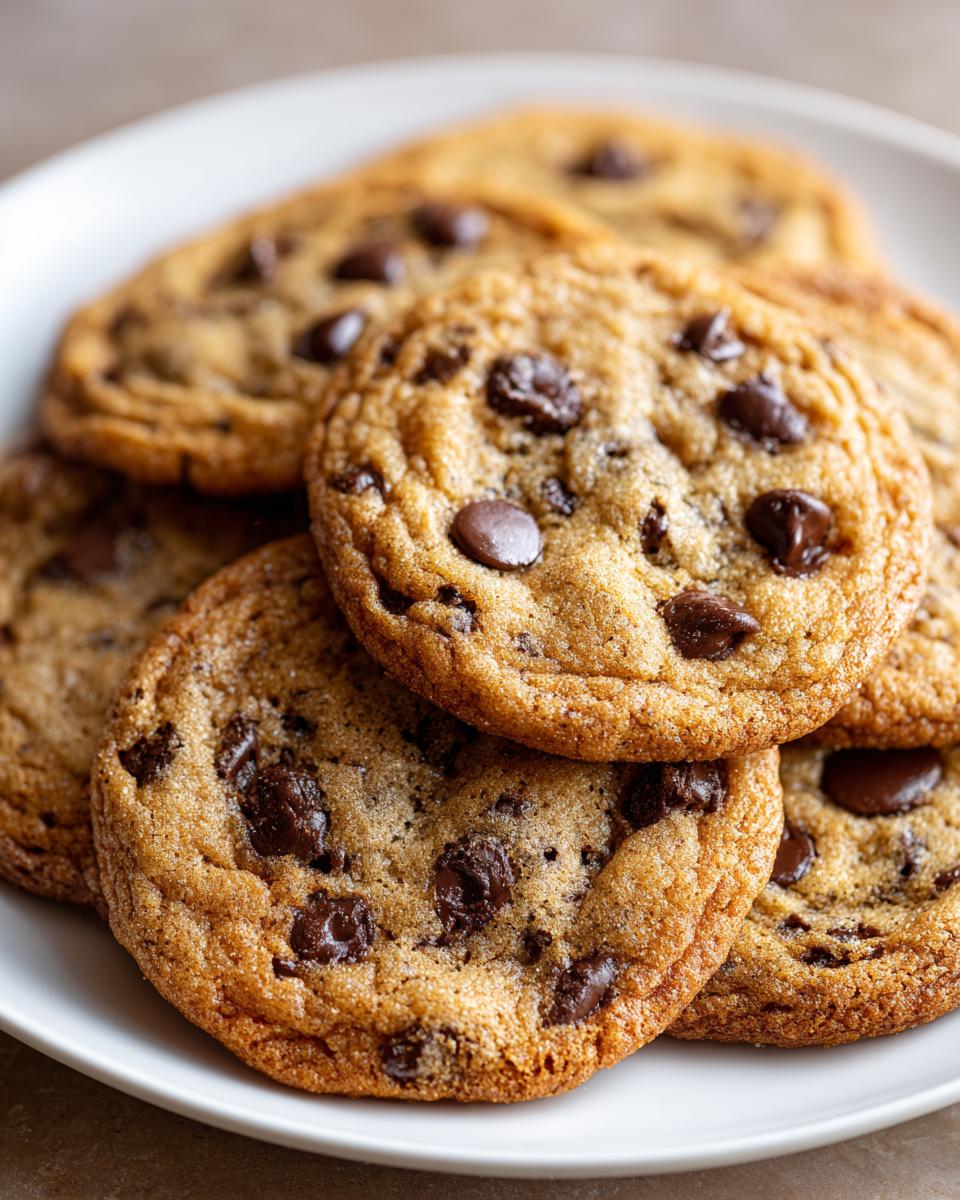 Irresistible Brown Sugar Chocolate Chip Cookies 4 A close-up shot of several perfectly baked Brown Sugar Chocolate Chip Cookies piled on a white plate.