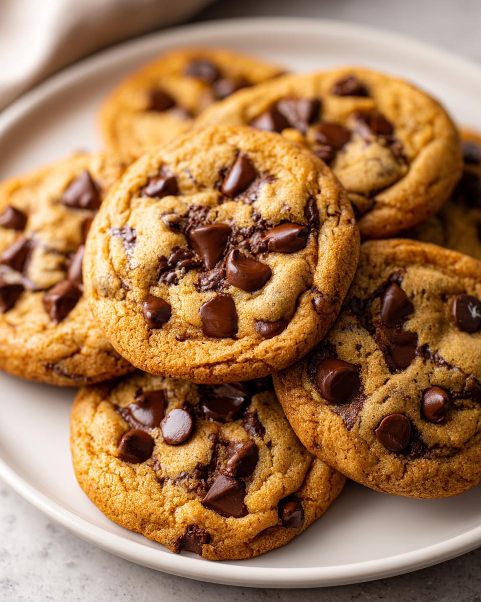 Irresistible Brown Sugar Chocolate Chip Cookies 5 A close-up of a stack of warm, gooey Brown Sugar Chocolate Chip Cookies with melty chocolate chips.