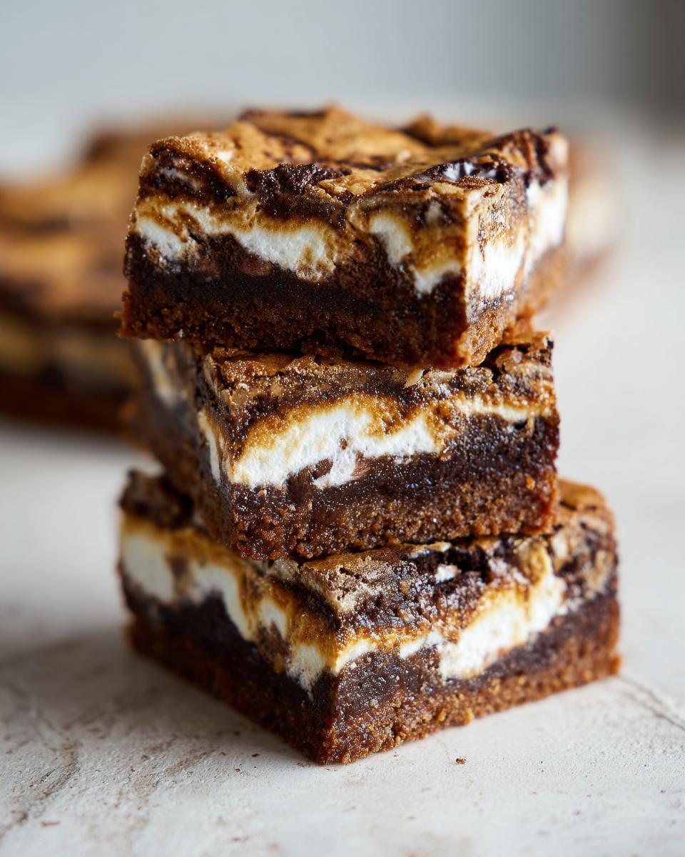 Guilt-free Brownie-Mallow Bars Delight 4 A stack of three delicious Brownie-Mallow Bars, featuring rich chocolate brownie layers and gooey marshmallow.