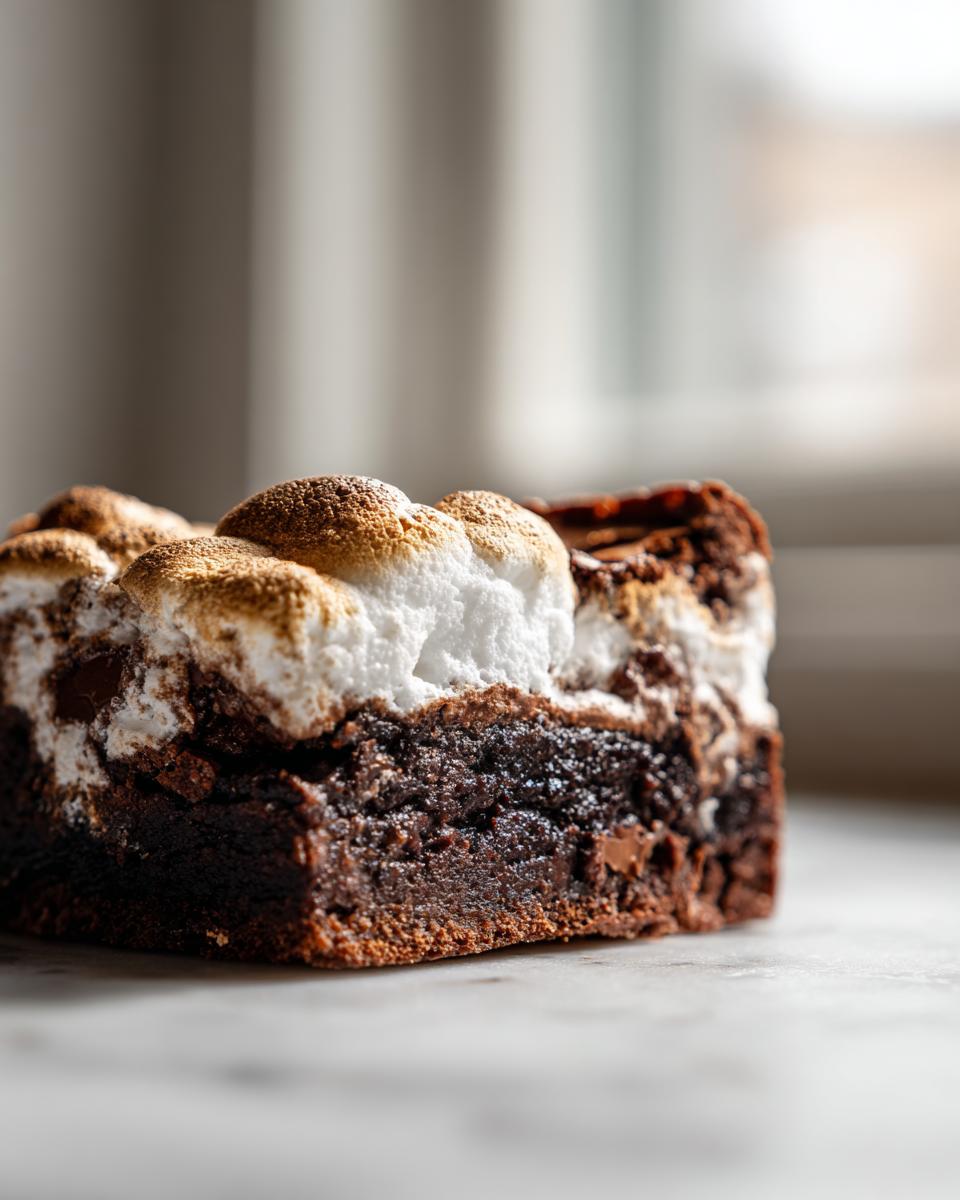 Guilt-free Brownie-Mallow Bars Delight 5 A close-up of a rich, dark chocolate Brownie-Mallow Bar topped with perfectly toasted marshmallows.