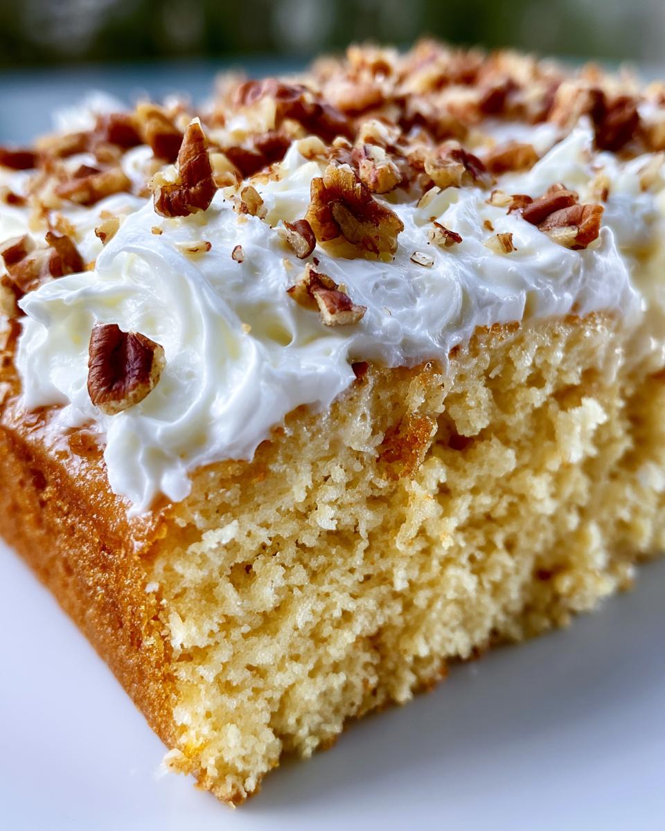 Butter Pecan Tres Leches Cake That Melts in Your Mouth 4 A close-up of a slice of Butter Pecan Tres Leches Cake topped with whipped cream and chopped pecans.