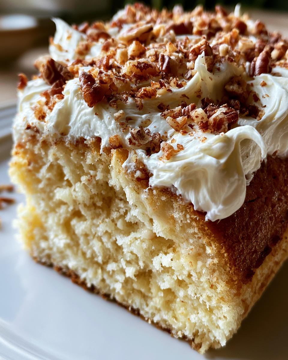 Butter Pecan Tres Leches Cake That Melts in Your Mouth 5 A close-up of a slice of moist Butter Pecan Tres Leches Cake topped with whipped cream and chopped pecans.