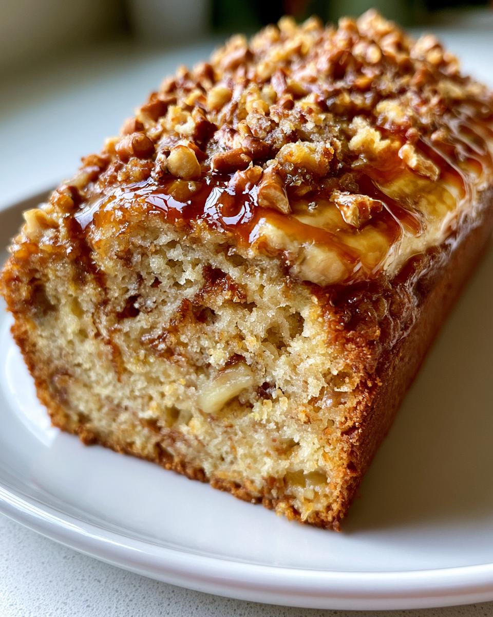 Caramel Banana Crunch Donut Bread You Crave 4 A close-up of a slice of Caramel Banana Crunch Donut Bread, showcasing its moist crumb and crunchy topping.