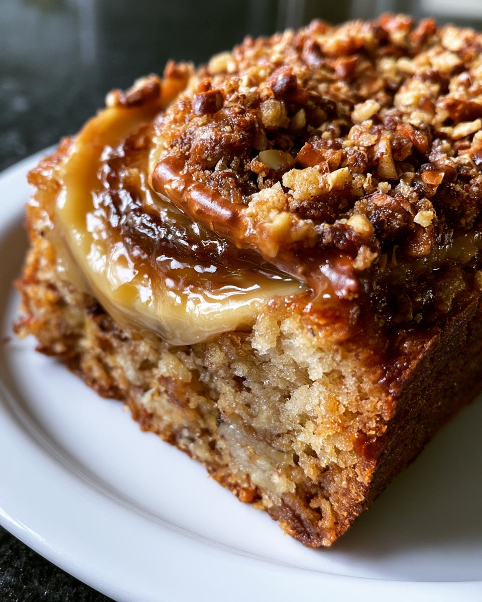 Caramel Banana Crunch Donut Bread You Crave 5 Close-up of a slice of Caramel Banana Crunch Donut Bread topped with caramel and nuts.