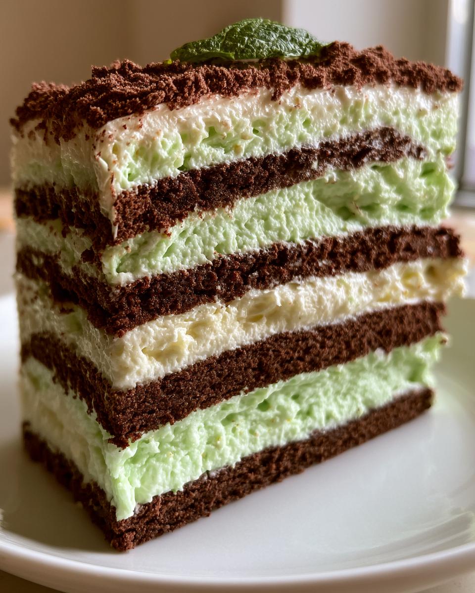 Carlota de Limón (Lime Icebox Cake): Easy No-Bake Delight 5 A slice of Carlota de Limón (Lime Icebox Cake) showing layers of chocolate cake and creamy lime filling, topped with chocolate crumbs and a mint leaf.