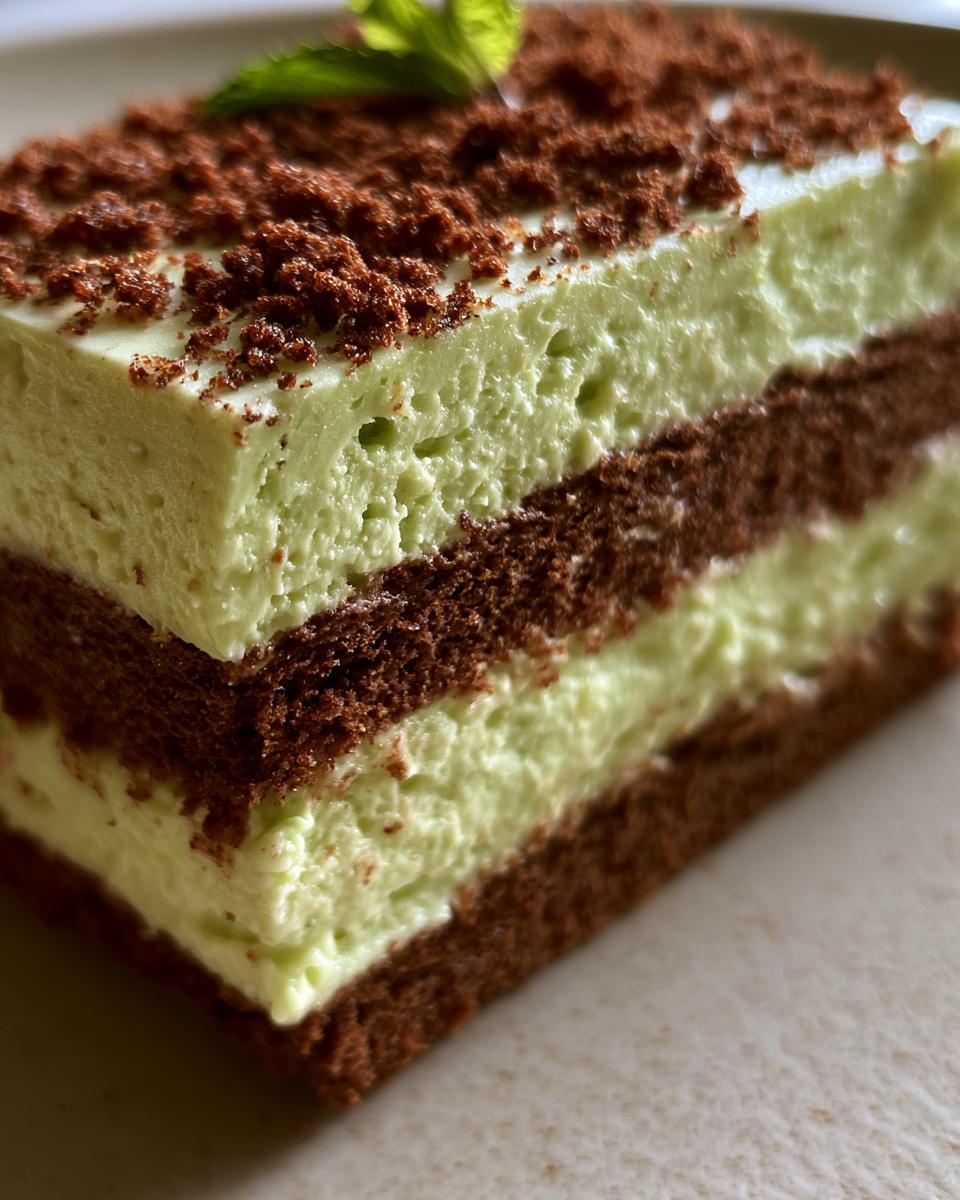 Carlota de Limón (Lime Icebox Cake): Easy No-Bake Delight 4 A close-up of a slice of Carlota de Limón (Lime Icebox Cake) with layers of chocolate cake and creamy lime filling, topped with crumbs and mint.