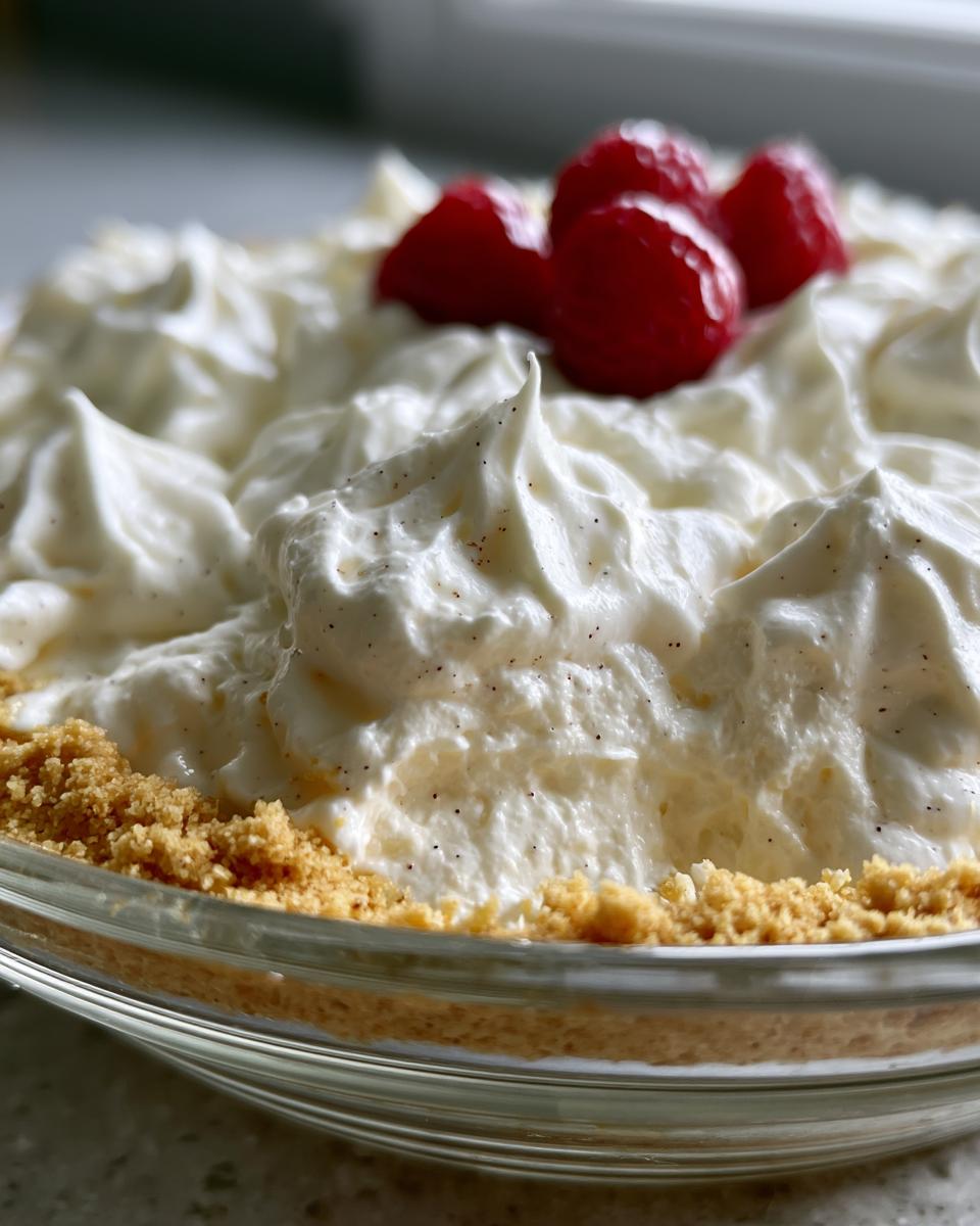 Cheesecake Fluff Saves Your Day in 15 Minutes 5 Close-up of a no-bake Cheesecake Fluff pie topped with whipped cream and fresh raspberries.